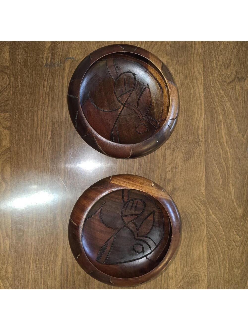 Vintage Mid Century Hand Carved Wood Bowls Fish Motif Monkey Pod Catchall